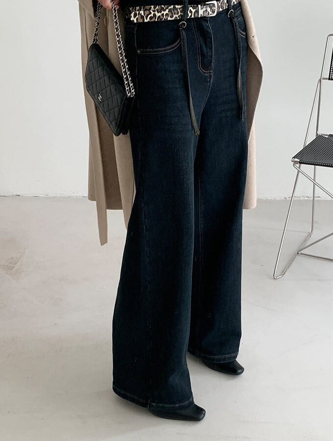 Solid Pendant Thick High Waist Straight Jeans