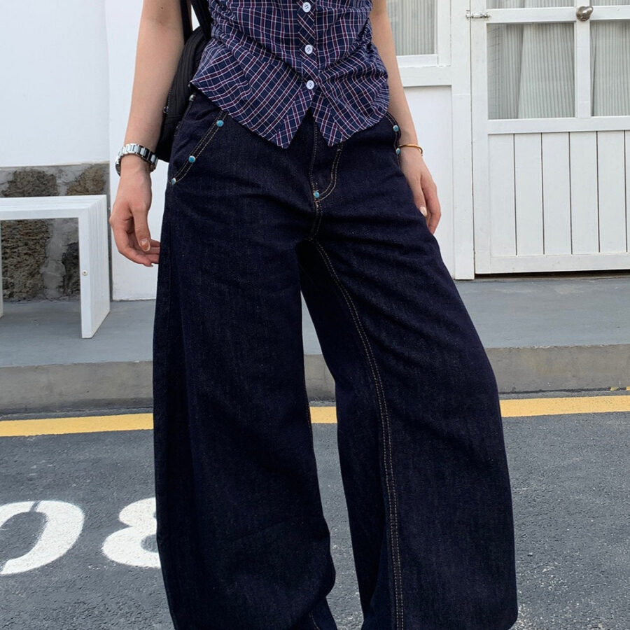 Retro Solid Diamond Accent Wide Leg Jeans