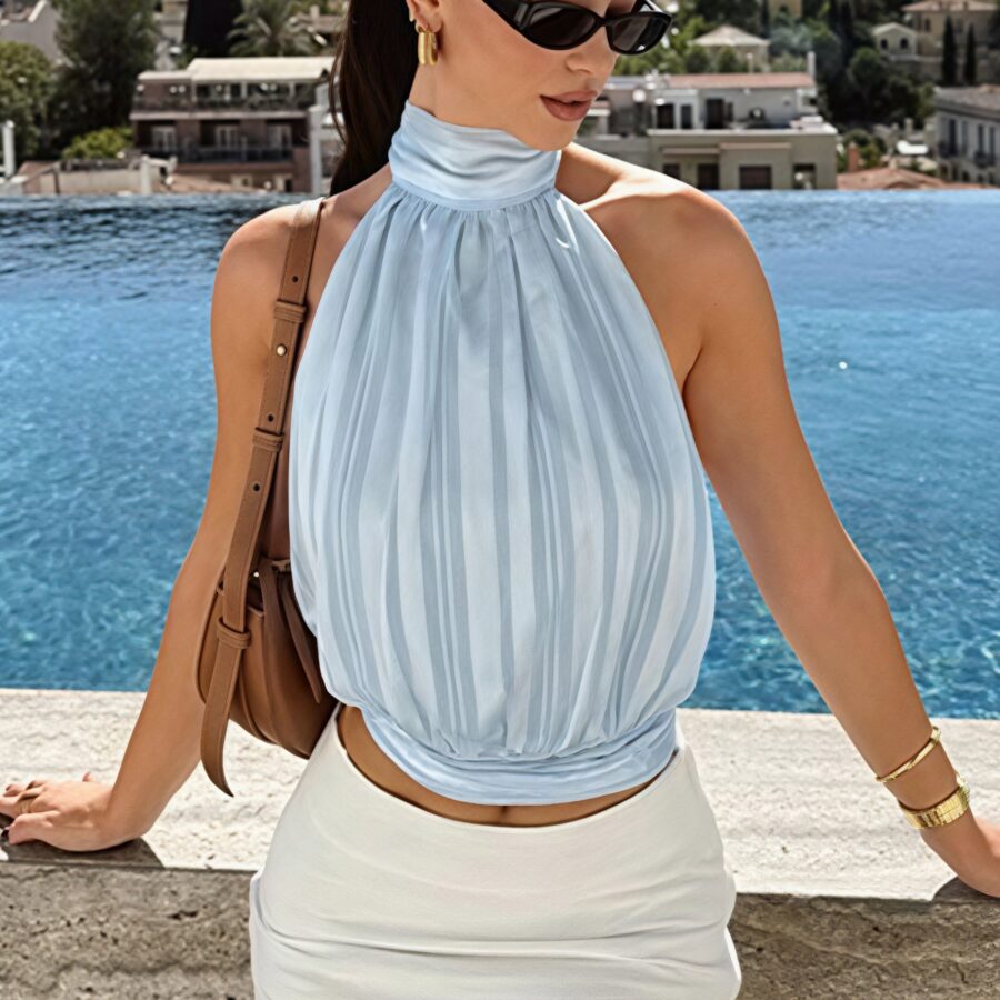 Lace Up Wavy Waist Backless Halter Top