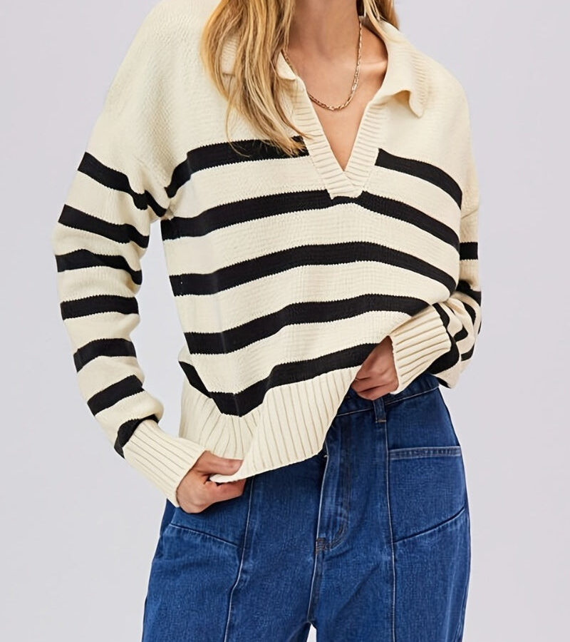 Striped Wool Collar V-Neck Sweater
