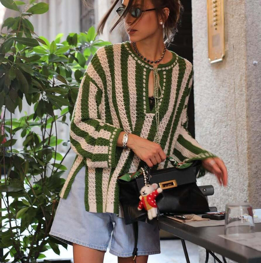 Green White Striped Tie Front Sweater