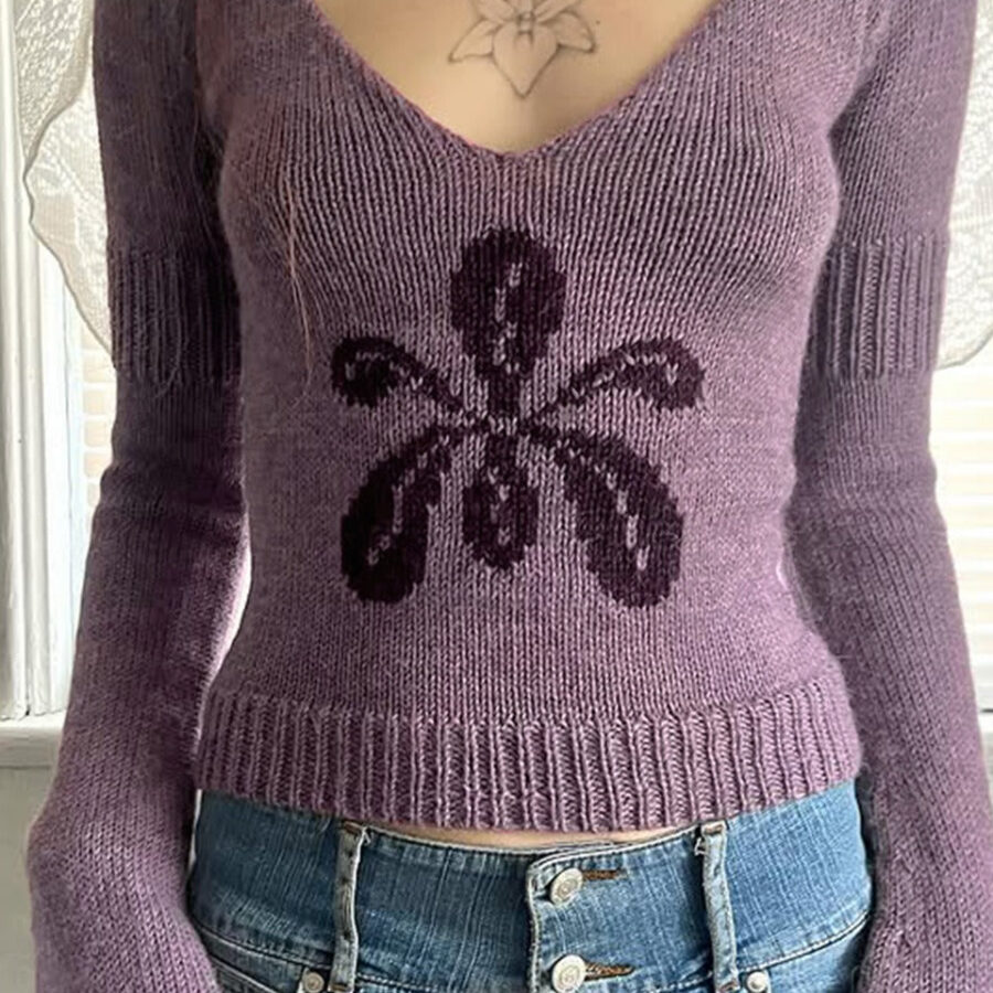 V Neck Floral Jacquard Sweater