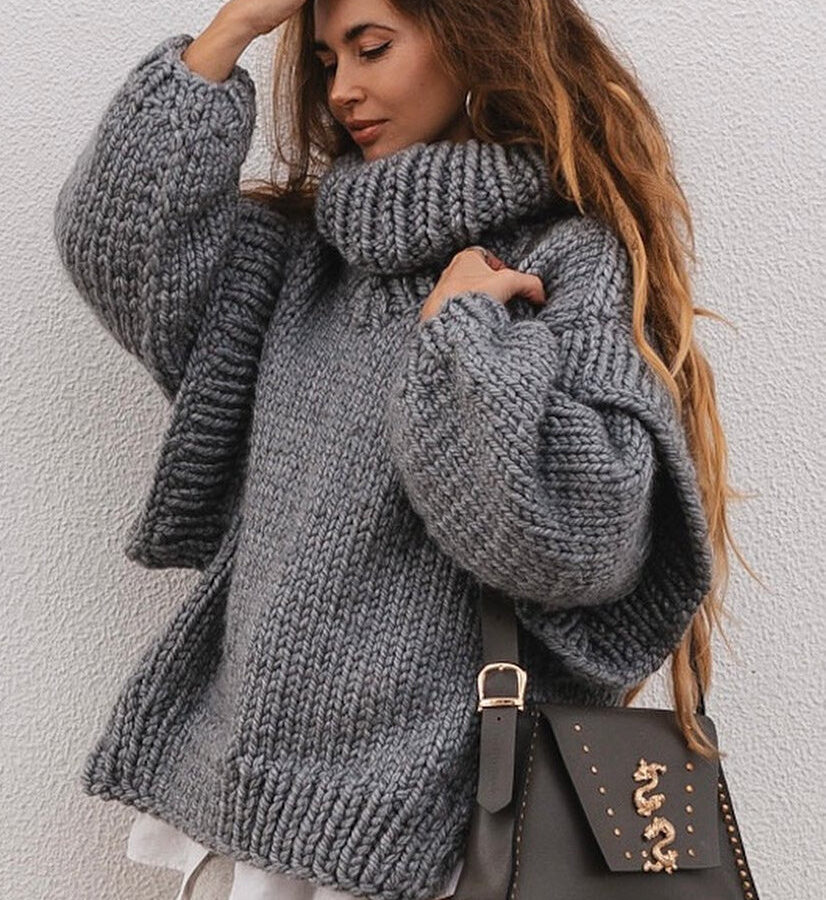 Solid Patchwork Chunky Fluffy Turtleneck Sweater