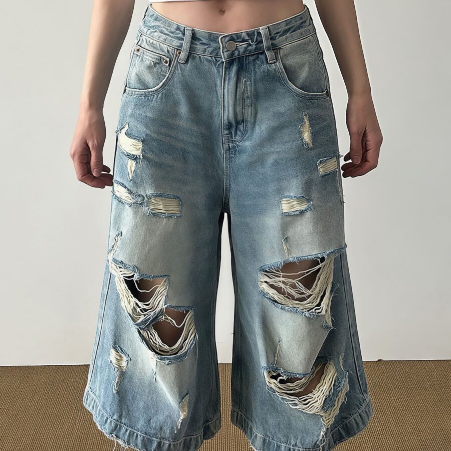 Retro Washed Ripped Whisker Cropped Jeans