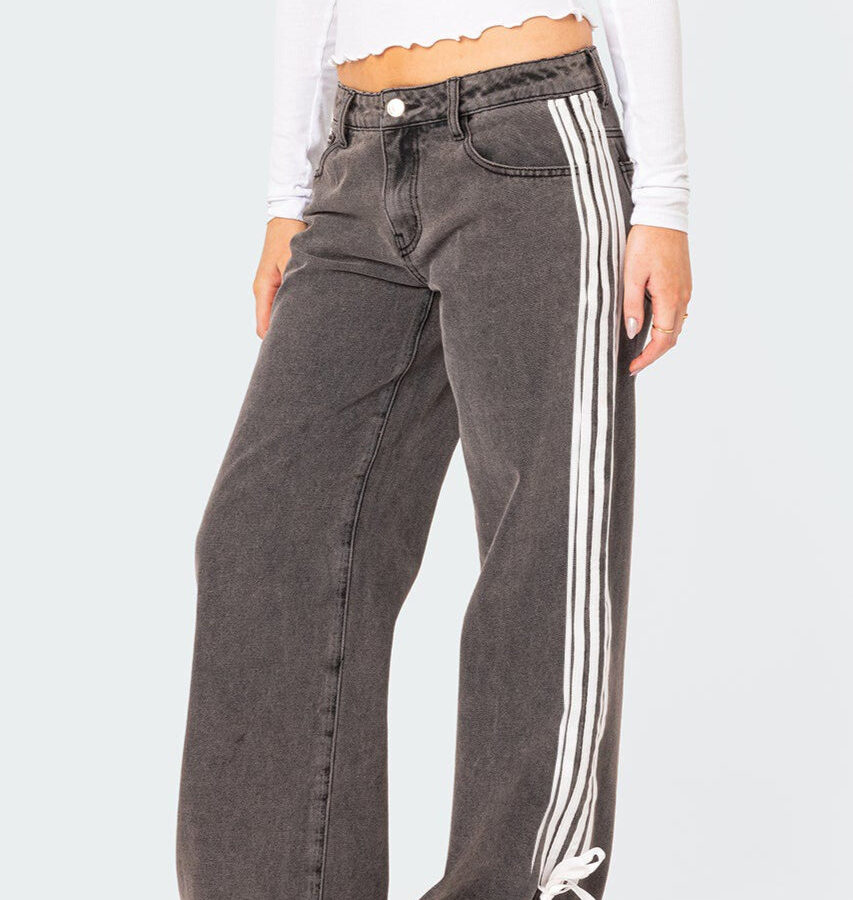 Lace Up Side Stripe Wide Leg Jeans