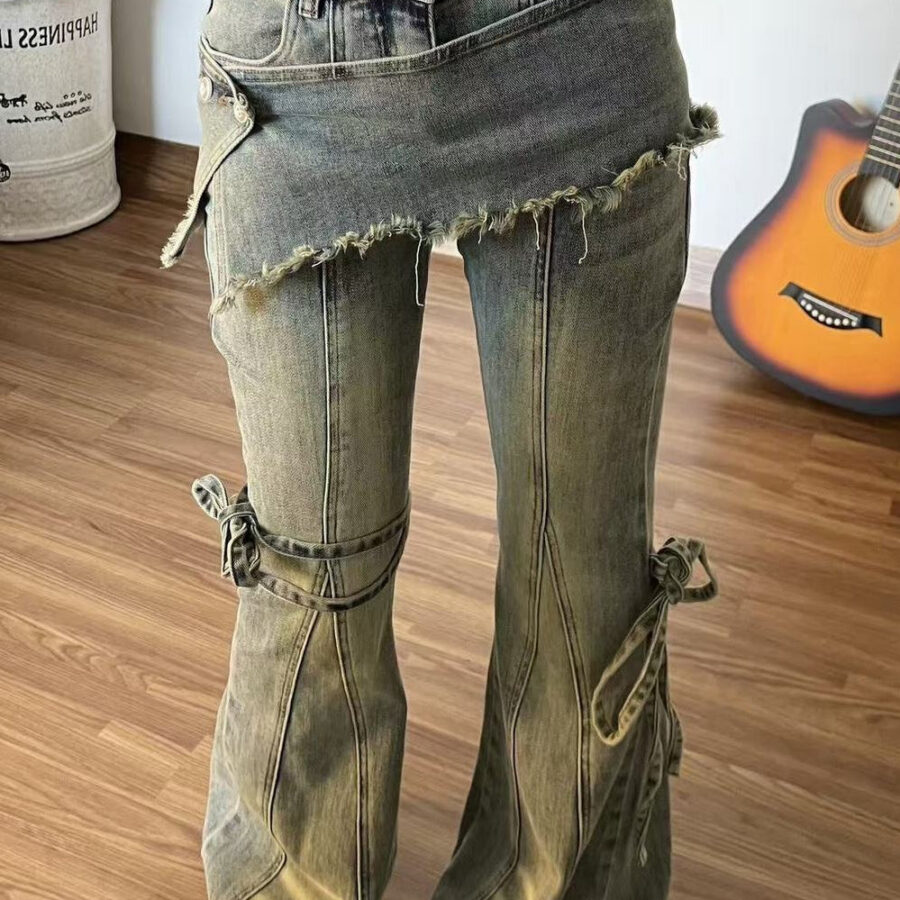 Vintage Fake Two Piece Bootcut Tie Waist Jeans