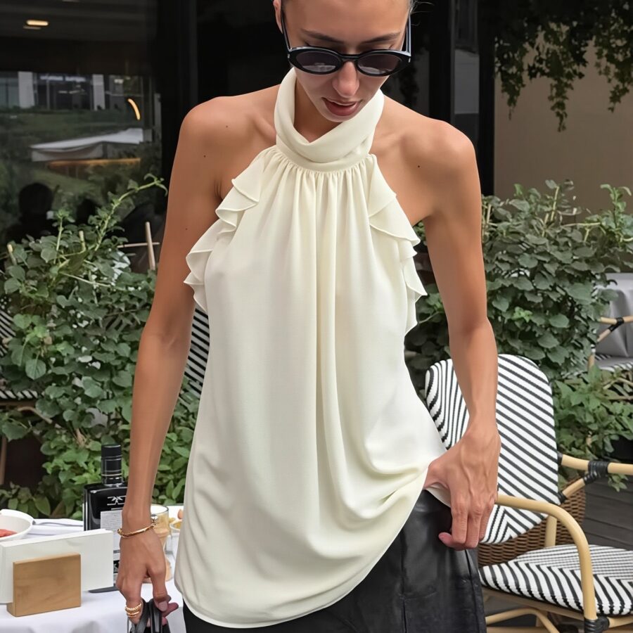 Chiffon Ruffle Halter Tie Back Sleeveless Halter Top