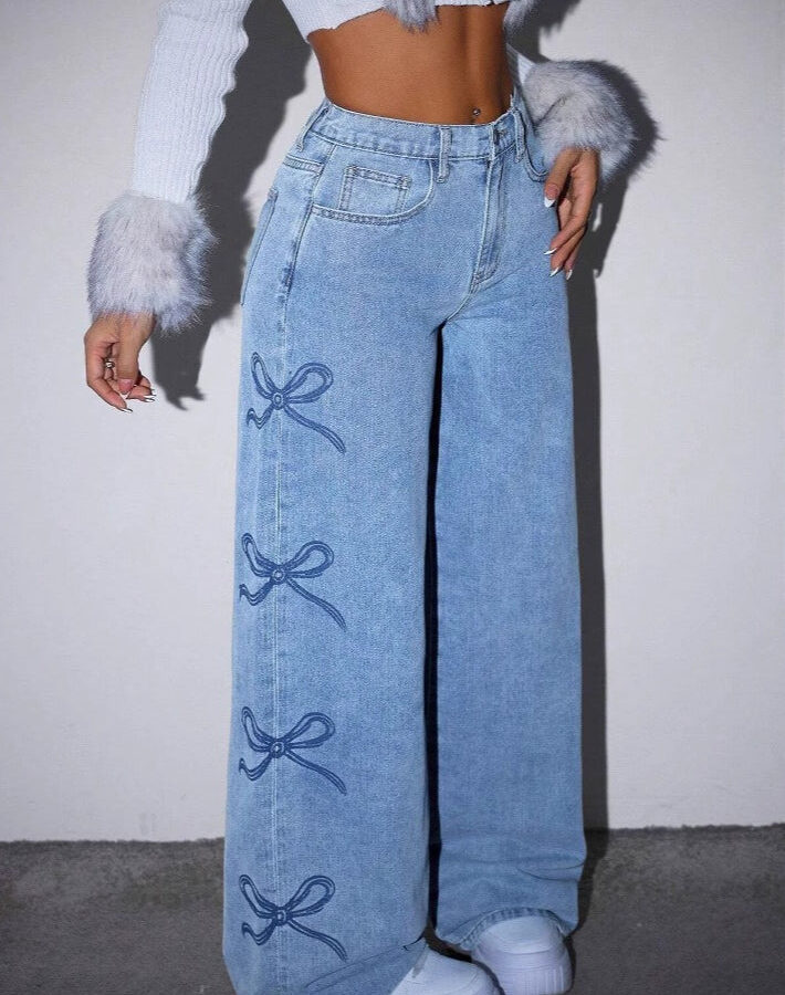 Y2K High Waist Bow Print Jeans