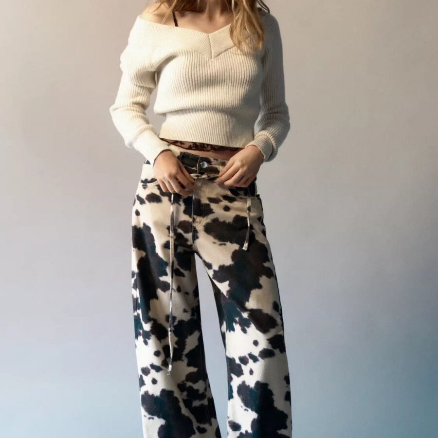 Vintage Cow Print Casual Jeans