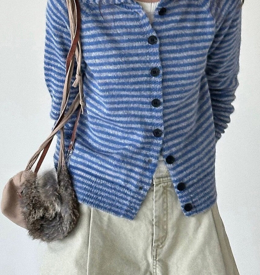 Color Block Striped Fitted Wool Knit Cardigan